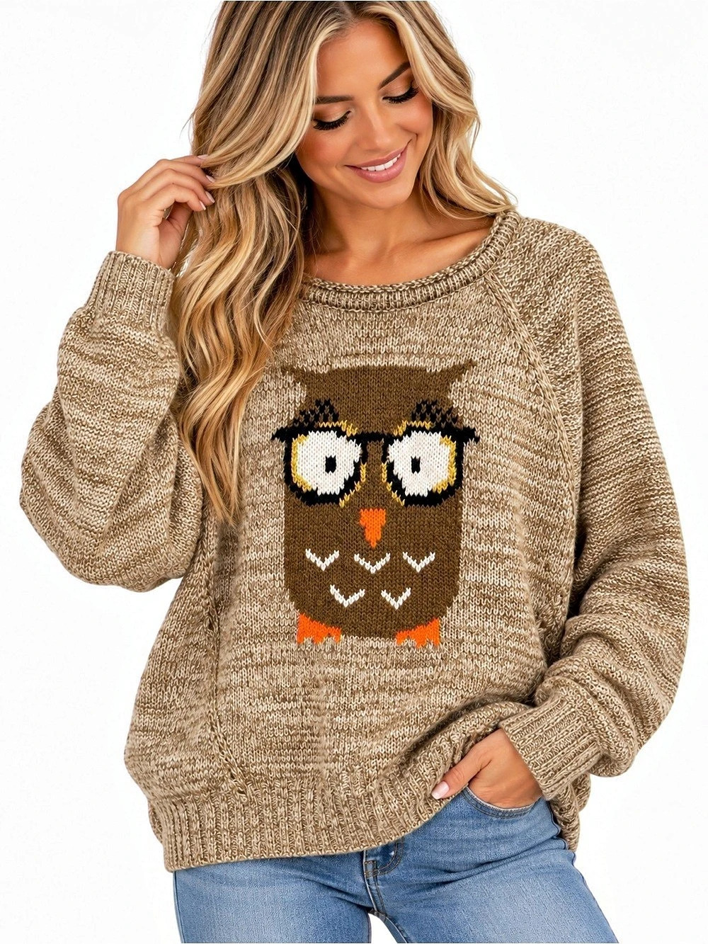 Vintage Style Owl Sweater Beige Brown Marled Knit Novelty Animal Pullover Fall